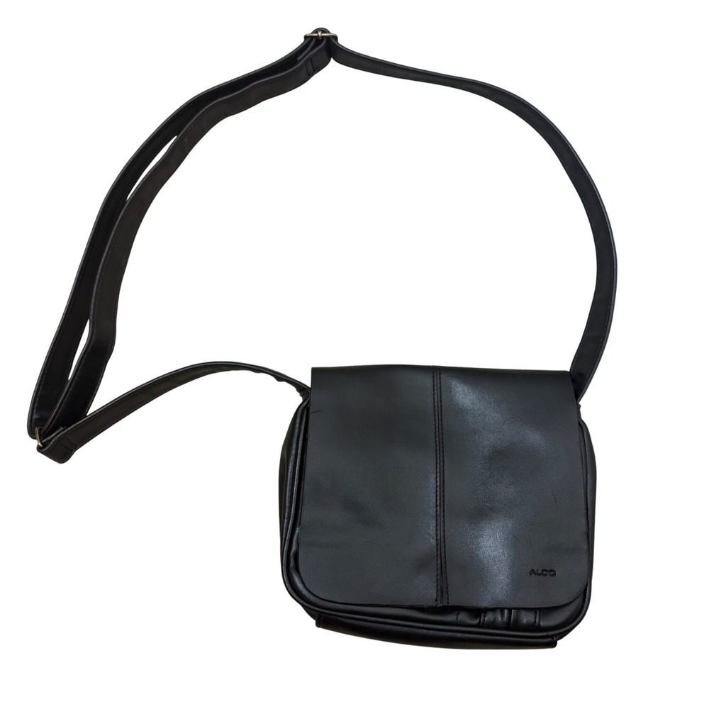 90s Aldo Black Faux Leather Crossbody Bag Messenger Flap Striped Lining Purse